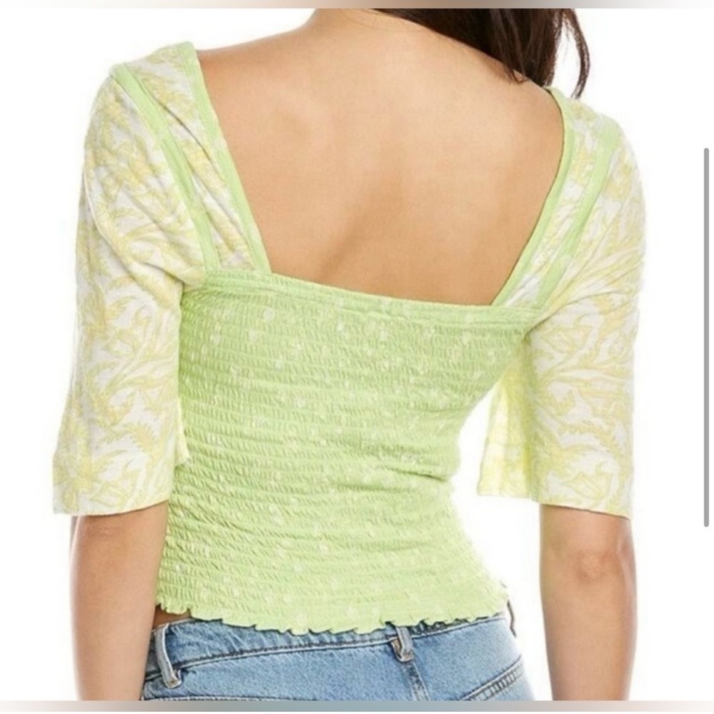 Free People Marigold Top Key Lime Combo Smocked XS Green - Picture 6 of 6
